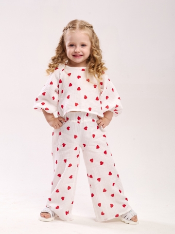 329-КС. Костюм детский Палаццо, красное сердце, хлопок 100%  муслин, размеры 98,104,110,116